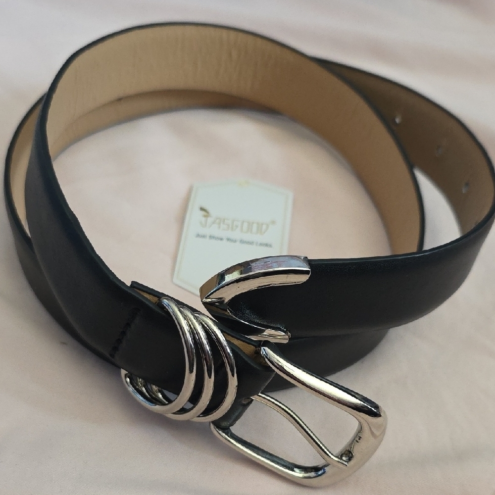 Women's Black Leather Belt with Silver Buckle By Jasgood, NWT